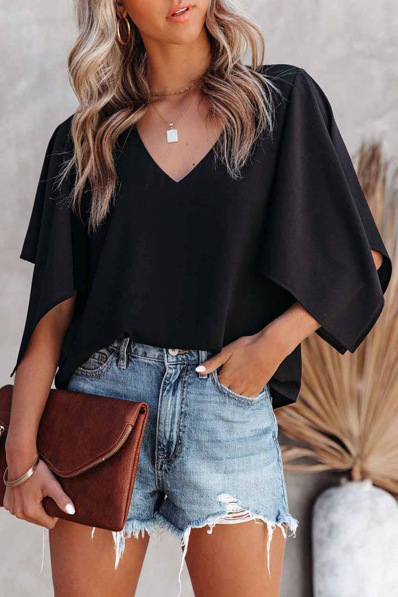Slit Sleeve V Nekckline Blouse
