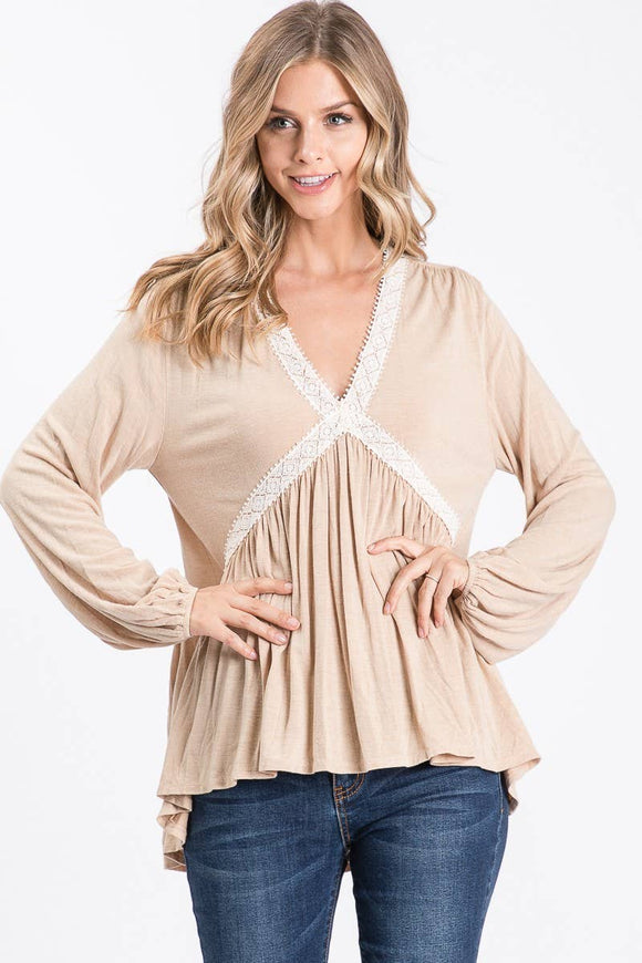 Solid Knit Long Sleeve Babydoll Blouse - Taupe