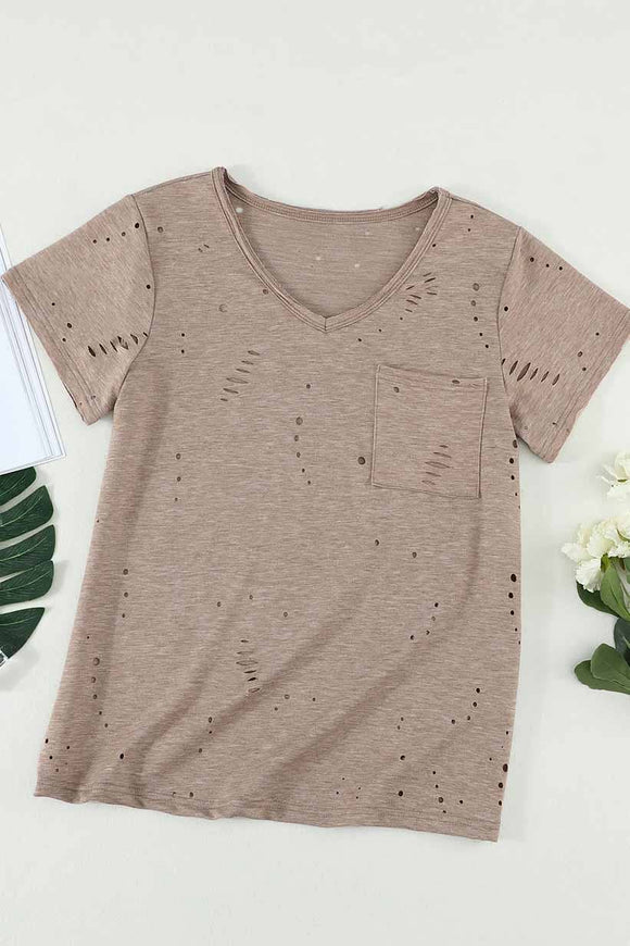 Taupe Short Sleeve Distressed T Shirt