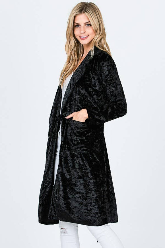 Mid Length Velvet Cardigan - Black