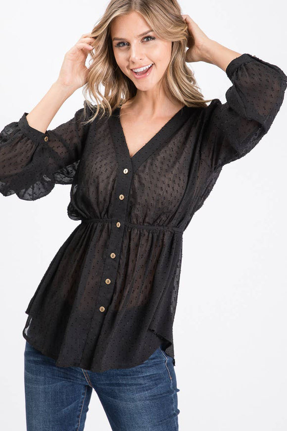 Solid V Neck Long Sleeve Blouse - Black